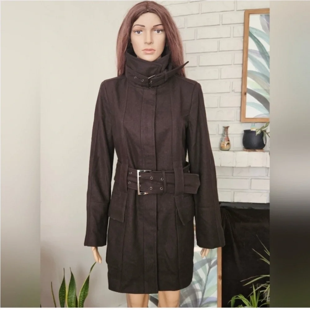 Zara coat size Medium dark chocolate brown wool blend trench belted - Picture 1 of 16